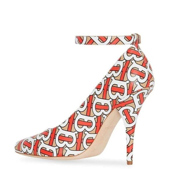 NWT BURBERRY Runway Red & Beige TB Monogram Logomania Ankle Strap Pumps … - Picture 5 of 13